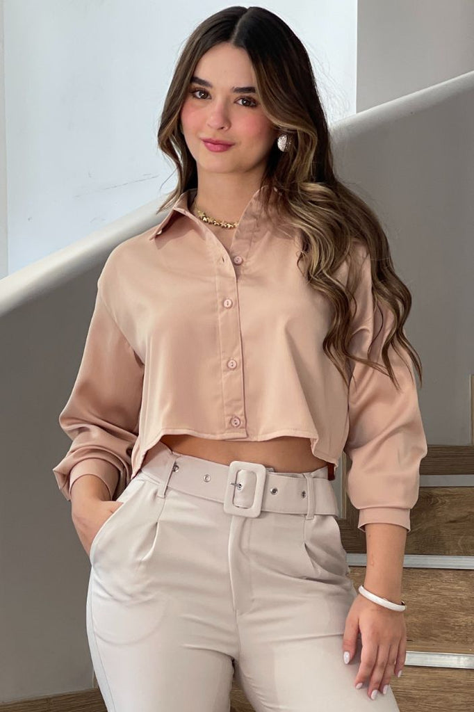 Camisa corta manga larga satin para mujer DF21027 dyaboo Beige