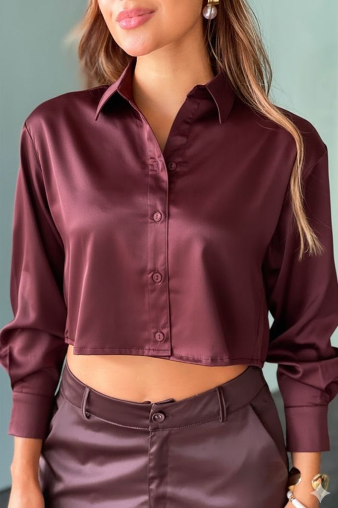 Camisa corta manga larga satin para mujer DF21027 dyaboo Vinotinto