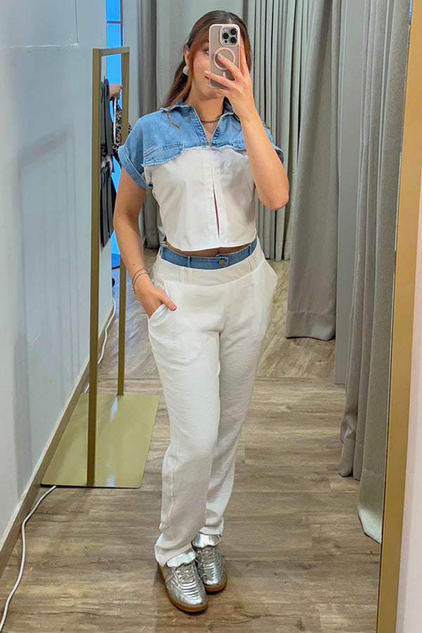 Blusa DF01570 silueta ajustada corta, elaborada en poliéster y denim para mujer dyaboo crudo 3