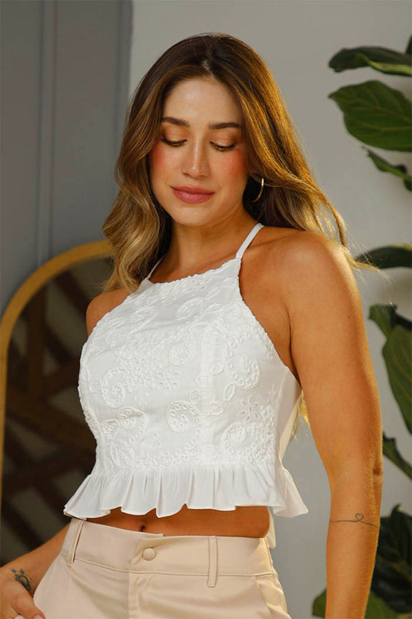 Blusa DF01804 corta  para mujer elaborada en poliéster con grabados en tejido dyaboo color crudo 3