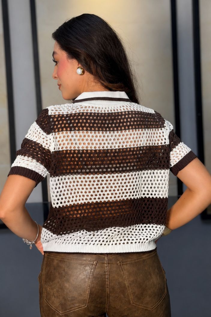 Blusa Larga Manga Corta TF02609 para mujer dyaboo cafe/crudo