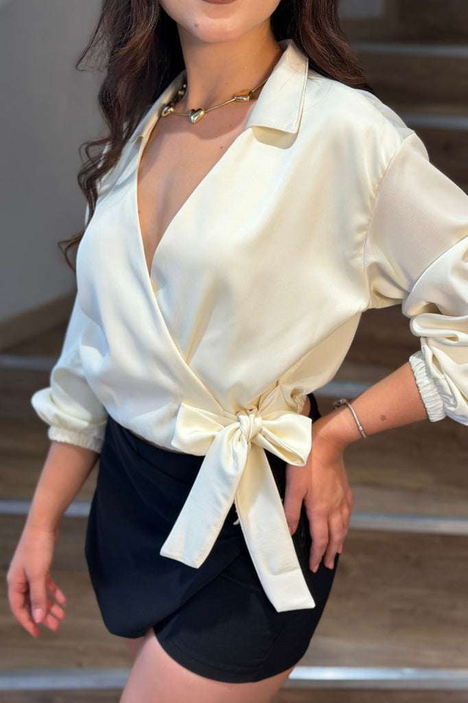 Blusa Manga larga satin DF01467 para mujer dyaboo beige