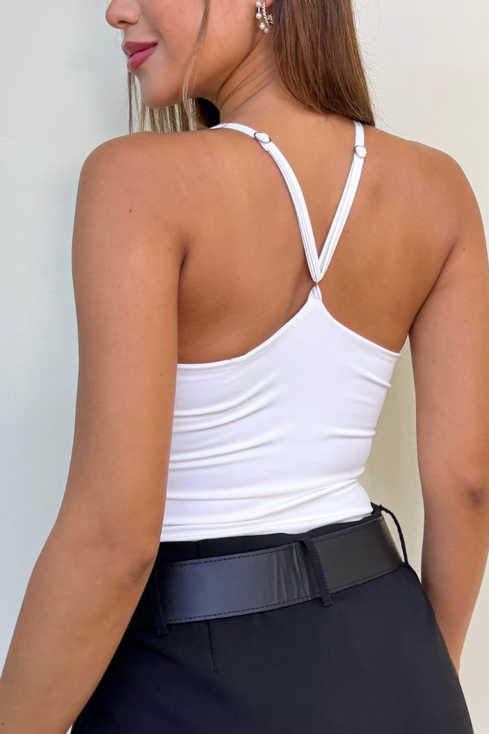 Body DF05114 halter con flores aplicadas, elaborado en lycra suave crudo/blanco