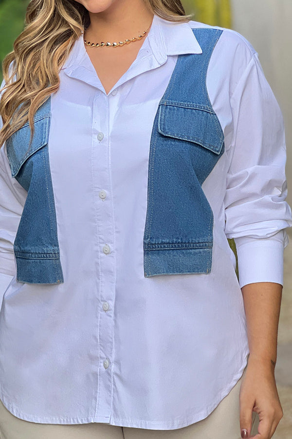 Camisa DP21063 para mujer de corte largo y relajado con detalles en mezclilla en forma de bolsillos dyaboo color crudo 1