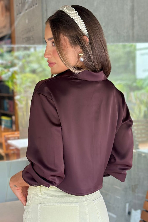 Camisa corta manga larga satin para mujer DF21027 dyaboo blanca cafe 