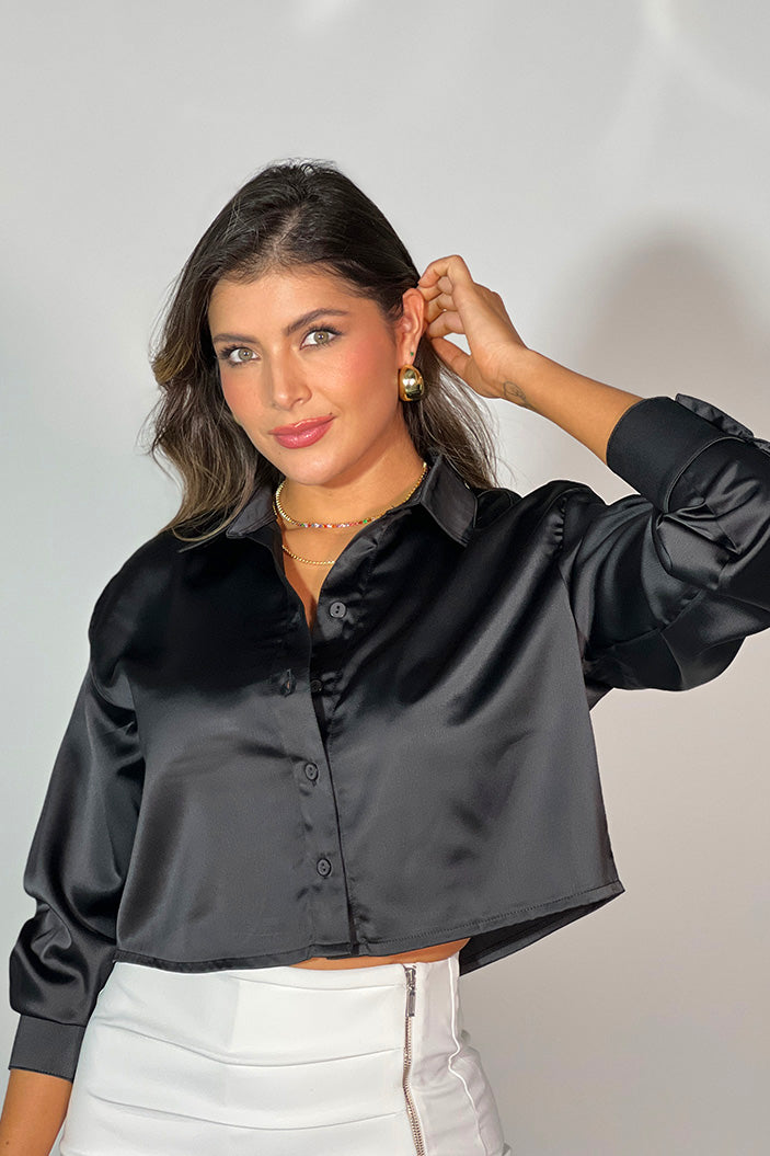 Blusa Negra Manga Larga Corta Evas Blusas De Manga Larga Negra