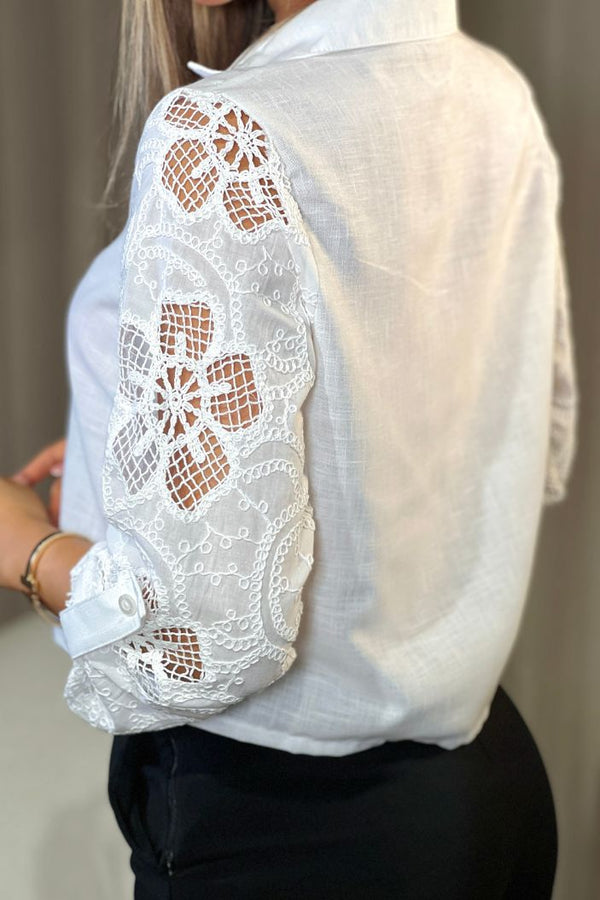 Camisa manga larga DF21276  para mujer elaborada en lino con grabados en tejido dyaboo crudo 2