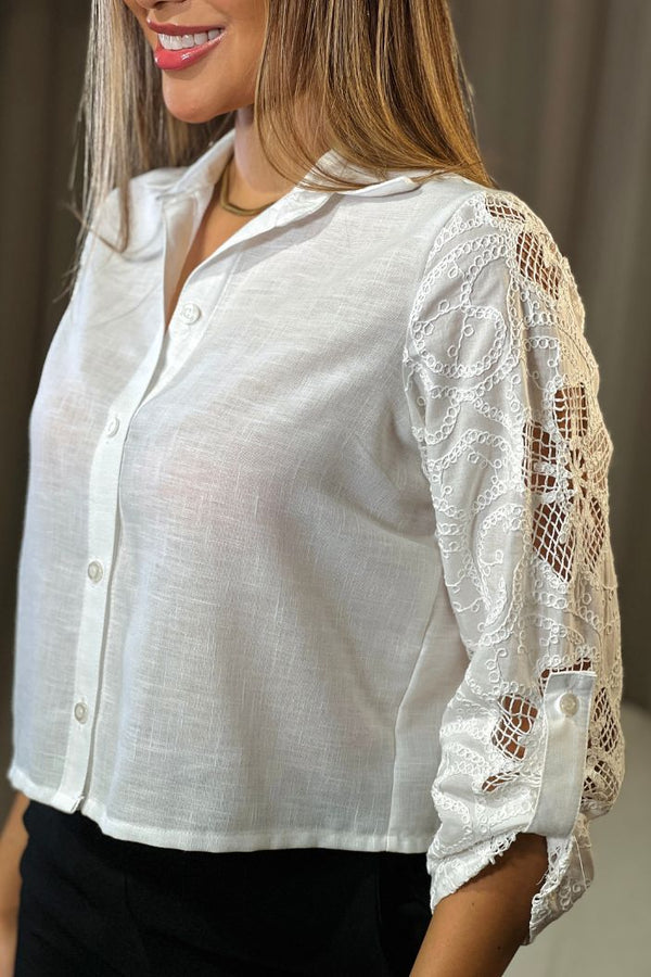 Camisa manga larga DF21276  para mujer elaborada en lino con grabados en tejido dyaboo crudo 4