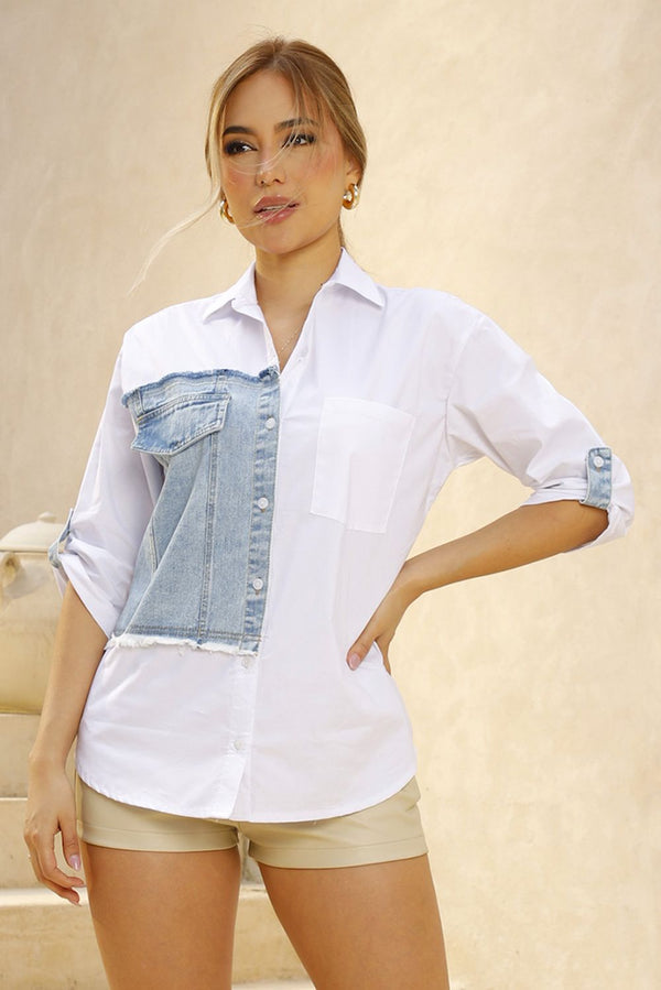 Camisera DF21222 silueta amplia para mujer, elaborada en popelina y denim dyaboo crudo 4