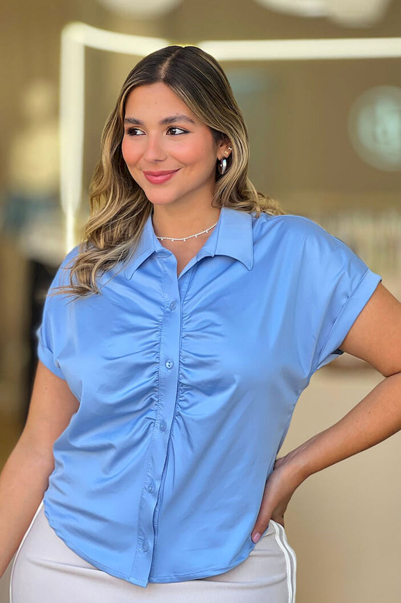 Camisera Pluss DP21044 con recogido para mujer talla grande dyaboo azul