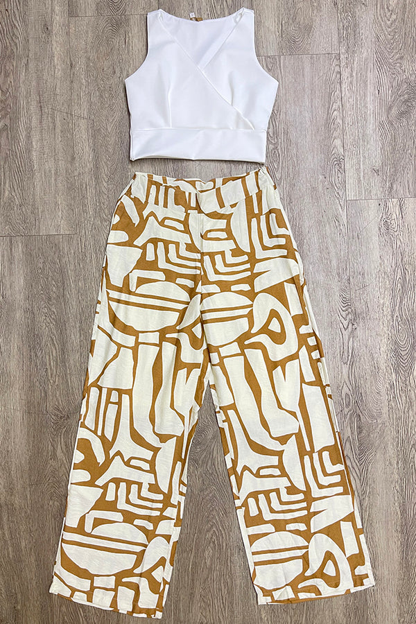Conjunto DF14134 estampado para mujer, elaborado en chalis dyaboo color camel