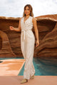 Enterizo DF11057  para mujer largo en lino color beige con finas líneas verticales en contraste dyaboo color beige 2