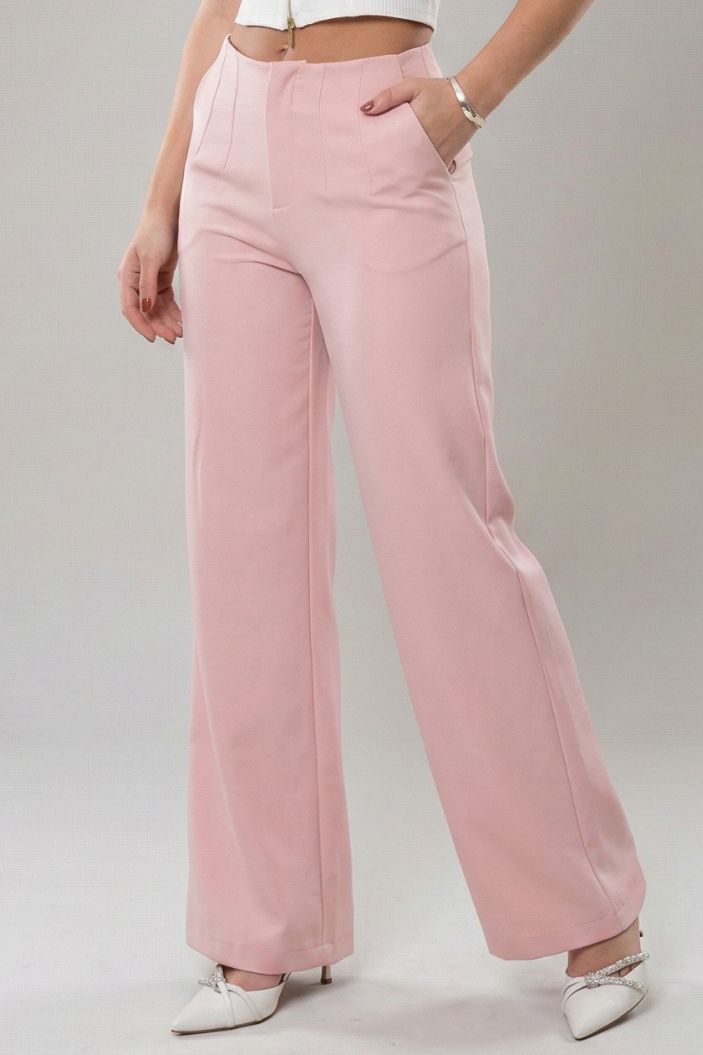 PantalónDF06106 para mujer de corte recto confeccionado en tela ligera y fluida dyaboo color rosado
