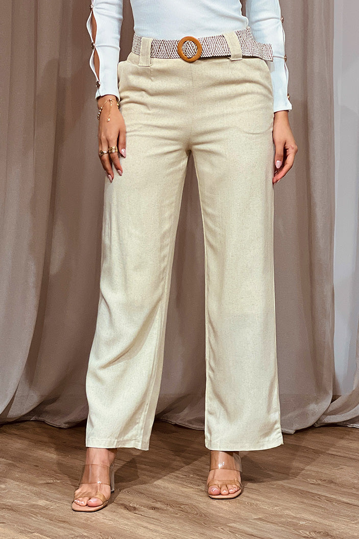 Pantalón DF06071 con silueta suelta para mujer elaborado en lino dyaboo color beige