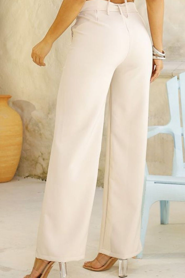 Pantalón DF06105 para mujer palazzo con cinturón del mismo tejido dyaboo camel
