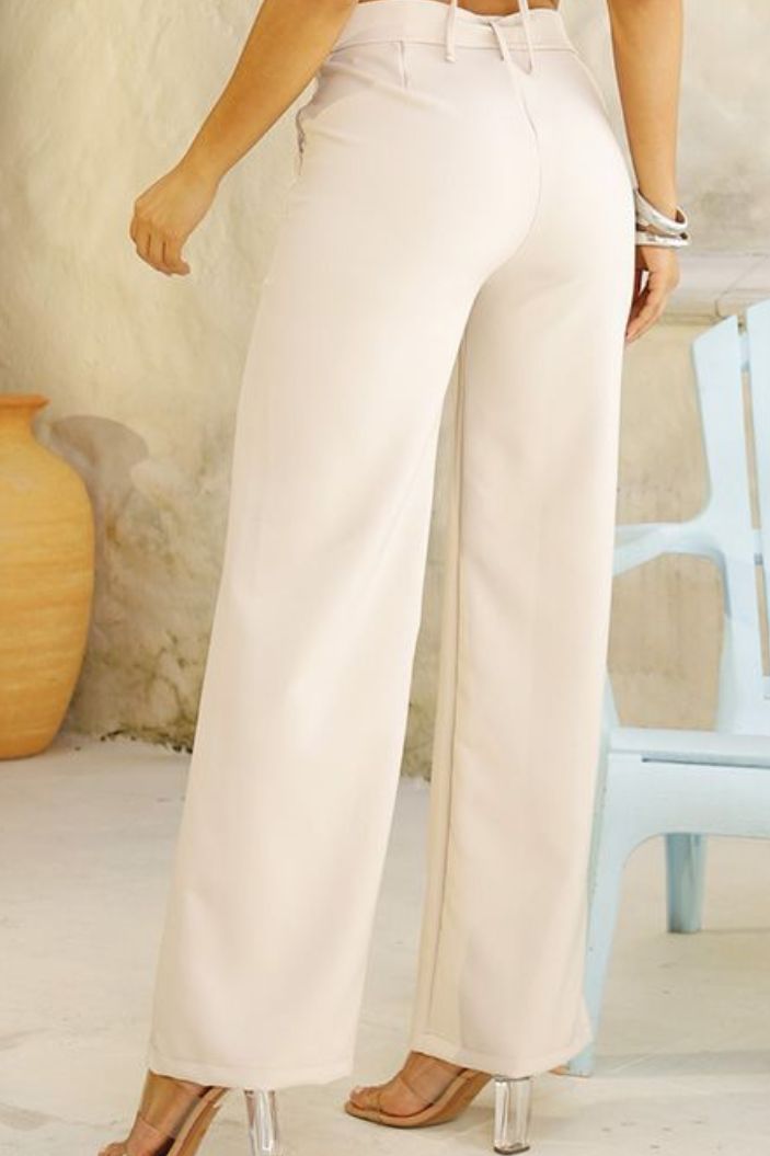 Pantalón DF06105 para mujer palazzo con cinturón del mismo tejido dyaboo camel