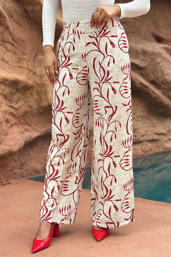 Pantalón DF06138 para mujer amplio de tiro alto con estampado botánico dyaboo color rojo 1