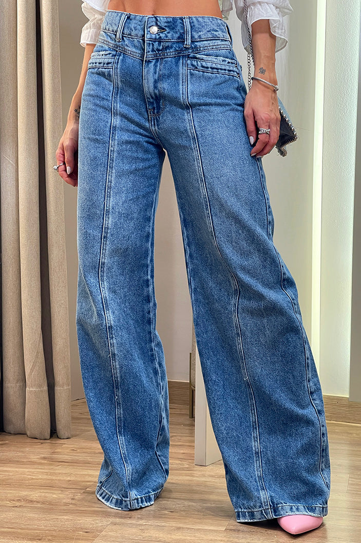 Pantalón Jean SIK33055 para mujer de mezclilla con efecto lavado y costuras marcadas dyaboo color azul 1