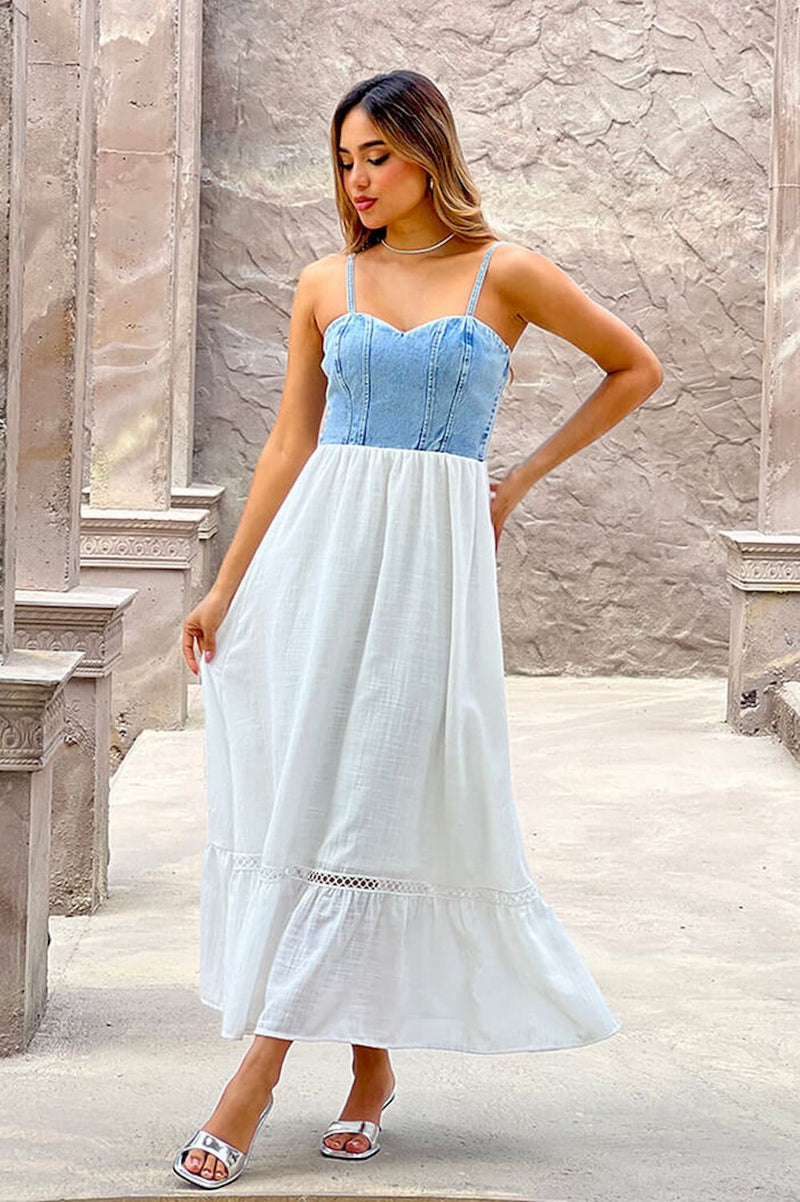 Vestido Largo DF10046 hibrido con denim para mujer dyaboo azul